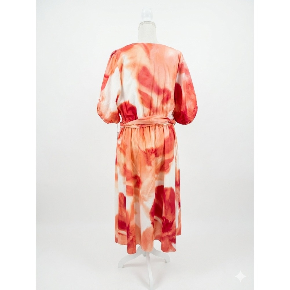 DKNY Womens Orange Watercolor Abstract Floral Cotton Midi Wrap Dress 16W NEW - Picture 2 of 9